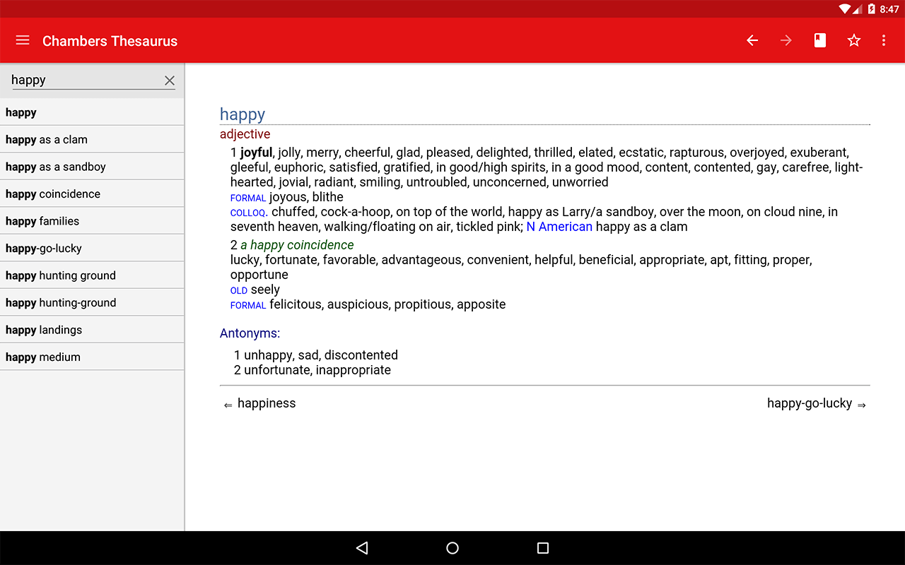 Chambers Thesaurus Android app on tablet