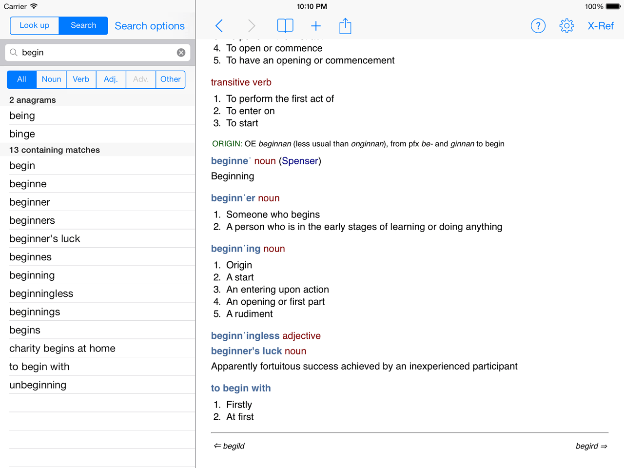 Chambers Dictionary anagram solver on iPad